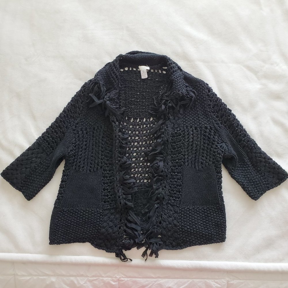 Chico's Size 1 Medium Black Open Front Knit Fringe - Picture 5 of 12